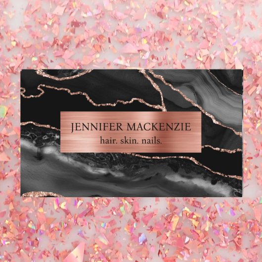 Carte De Visite Elégant Black et Rose Gold Agate Luxe
