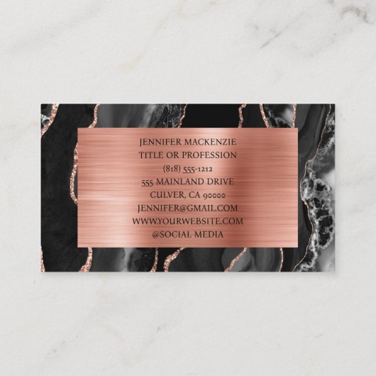 Carte De Visite Elégant Black et Rose Gold Agate Luxe (Dos)
