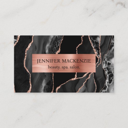 Carte De Visite Elégant Black et Rose Gold Agate Luxe (Devant)