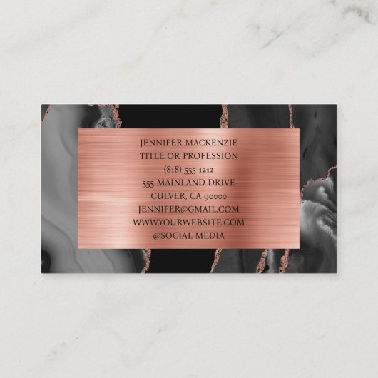 Carte De Visite Elégant Black et Rose Gold Agate Luxe (Dos)