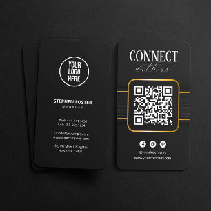 Carte De Visite Élégant Black Gold Connect avec nous QR Code socia