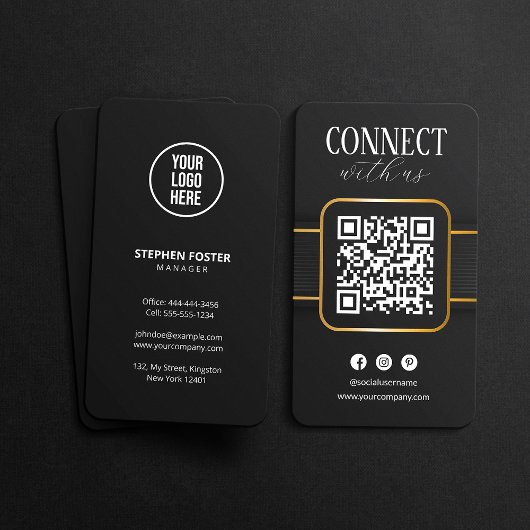 Carte De Visite Élégant Black Gold Connect avec nous QR Code socia