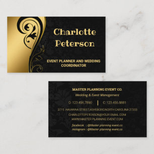 Carte De Visite Élégant Black & Gold Floral Event Planner Business