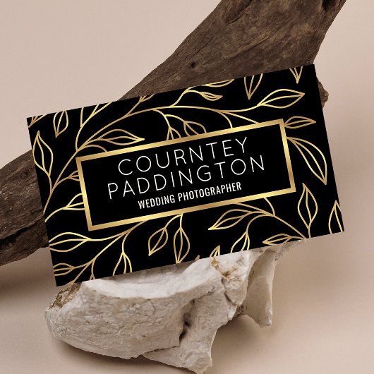 Carte De Visite Élégant Black & Gold Floral Moderne Professionnel