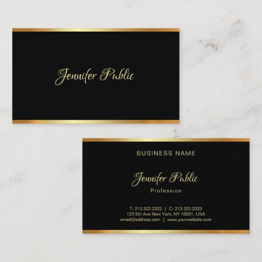 Carte De Visite Élégant Black Gold Plain Professional Script à mai (Devant / Derrière)