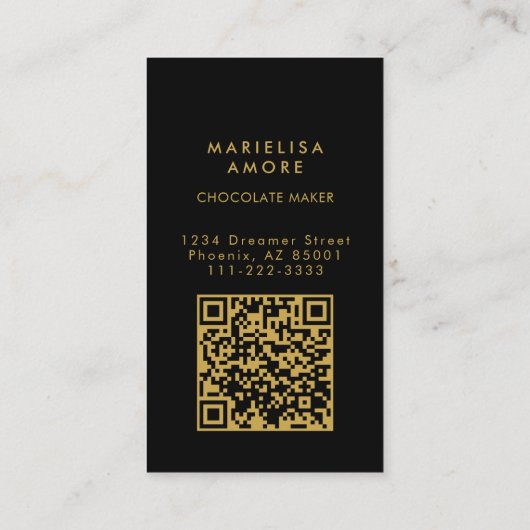 Carte De Visite Elegant Black Gold Script Chocolate Qr Code (Dos)