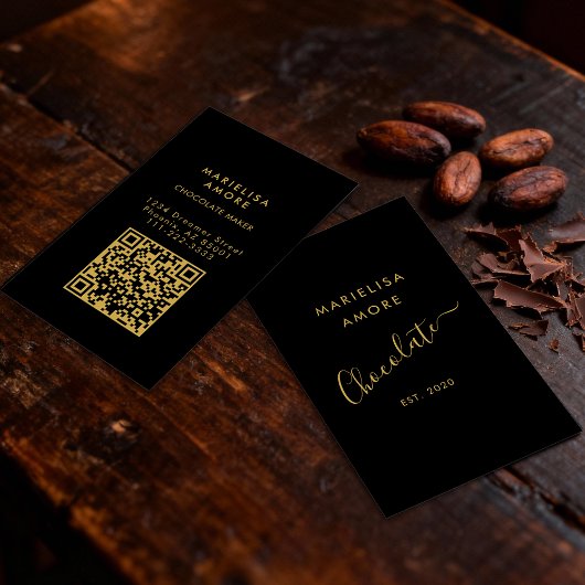 Carte De Visite Elegant Black Gold Script Chocolate Qr Code