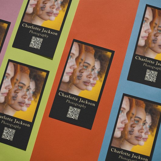 Carte De Visite Élégant Black & Gold Script l Photo & Qr Code