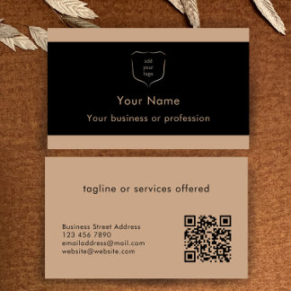 Carte De Visite Elegant Black & Tan Logo QR Code Professional