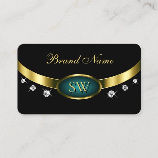 Carte De Visite Elégant Black Turquoise Gold avec Monogramme et Di (Devant)