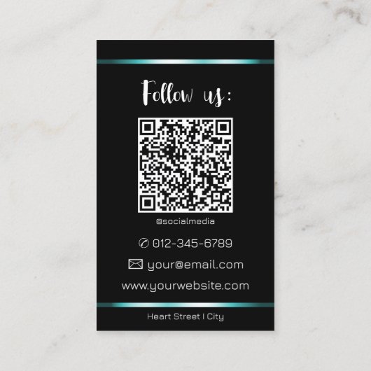 Carte De Visite Élégant Black Turquoise Lines Photo QR Code Modèle (Dos)