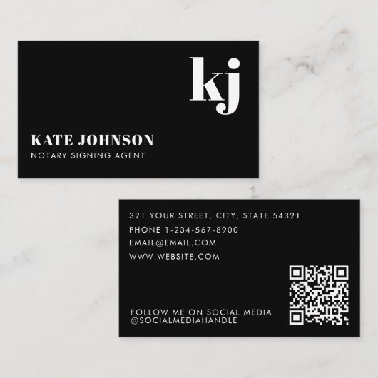 Carte De Visite Elegant Black White Minimalist QR Code Monogram (Devant / Derrière)