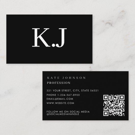 Carte De Visite Elegant Black White Minimalist QR Code Monogram (Devant / Derrière)