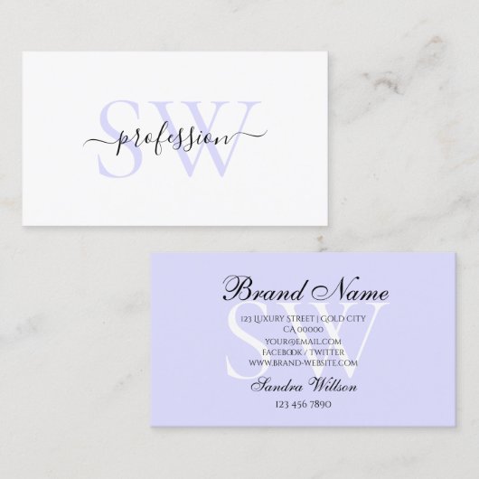 Carte De Visite Elégant blanc clair Pastel Bleu bébé avec Initiale (Devant / Derrière)