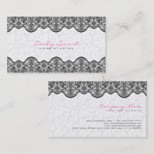 Carte De Visite Elégant blanc Damas noir dentelle (Devant / Derrière)
