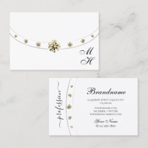 Carte De Visite Elégant blanc et argent avec diamants monogrammes