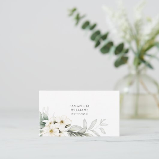 Carte De Visite Elégant blanc Floral Event Planner QR Code (Debout devant)