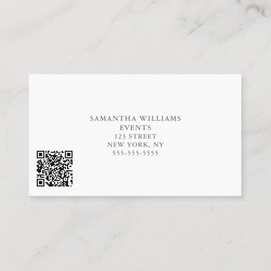 Carte De Visite Elégant blanc Floral Event Planner QR Code (Dos)