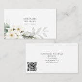 Carte De Visite Elégant blanc Floral Event Planner QR Code (Devant / Derrière)