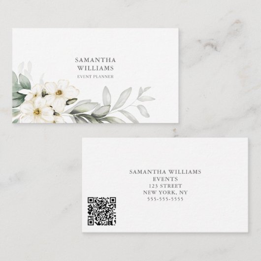 Carte De Visite Elégant blanc Floral Event Planner QR Code (Devant / Derrière)