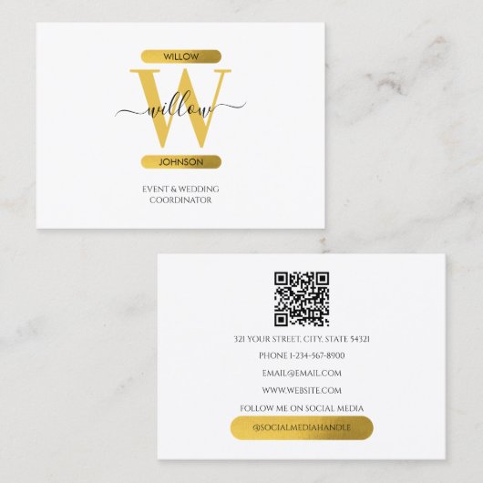 Carte De Visite Élégant blanc or Monogramme médias sociaux QR Code (Devant / Derrière)