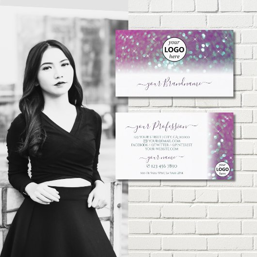 Carte De Visite Élégant blanc rose Turquoise Parties scintillant d