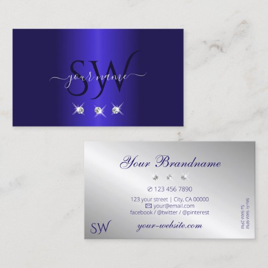 Carte De Visite Élégant Bleu Argent Étincelant Diamants Initiales (Devant / Derrière)