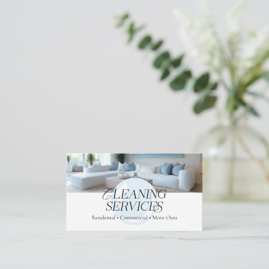 Carte De Visite Elégant Bleu Blanc Services De Nettoyage Moderne (Debout devant)