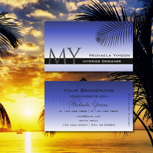 Carte De Visite Élégant bleu dégradé feuille de palme Monogramme s