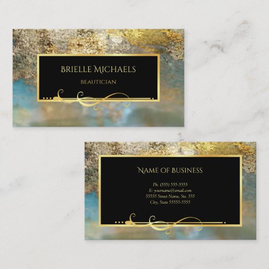 Carte De Visite Elégant bleu et or doré Luxe Beauticier (Devant / Derrière)
