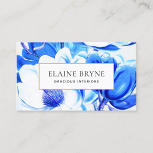 Carte De Visite Elégant bleu Magnolia Aquarelle Floral Business