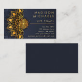 Carte De Visite Elégant Blue Gold Mandala Life Coach (Devant / Derrière)