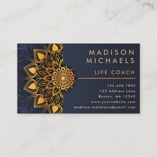 Carte De Visite Elégant Blue Gold Mandala Life Coach (Devant)