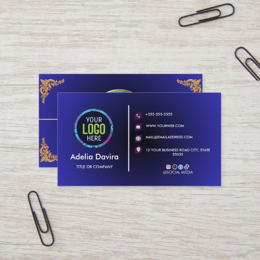 Carte De Visite Elegant Blue Gold Professional Business Card (Devant/Arrière en situation)