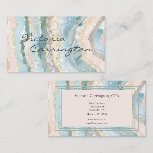Carte De Visite Élégant Blue Gold Turquoise Agate Script (Devant / Derrière)