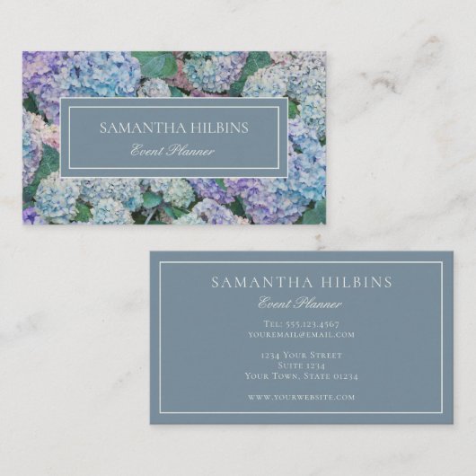 Carte De Visite Élégant Blue Hydrangea Grey Professionnel (Devant / Derrière)
