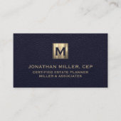 Carte De Visite Élégant Blue Leather Luxury Gold Logo initial (Devant)
