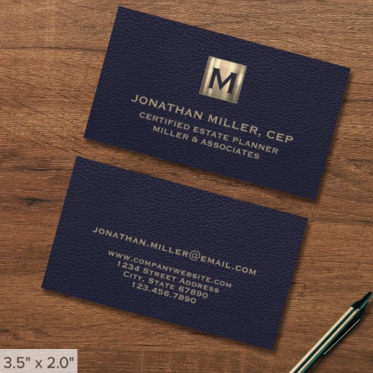 Carte De Visite Élégant Blue Leather Luxury Gold Logo initial