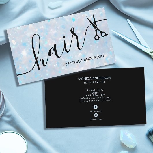 Carte De Visite Elegant Blue Opal Glitter Hair Script Scissors