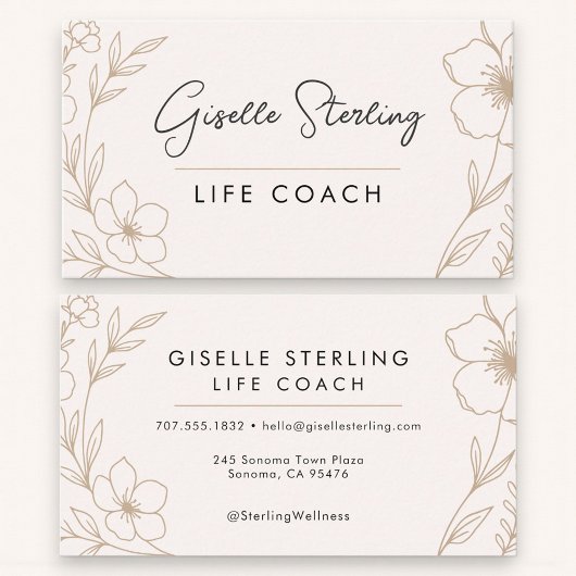 Carte De Visite Elegant Blush and Black Botanical Life Coach