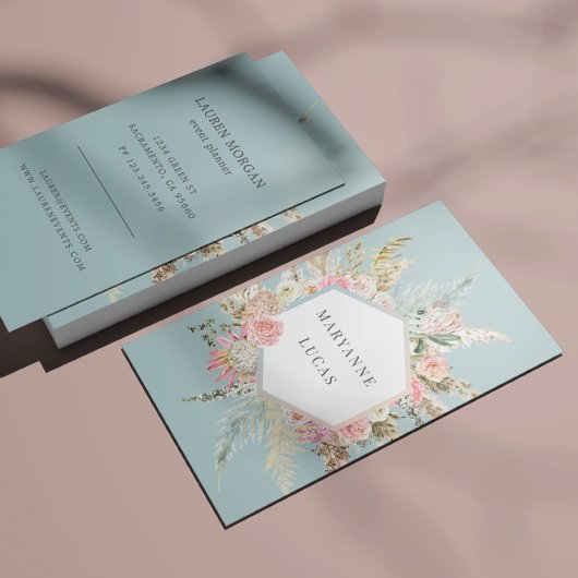 Carte De Visite Élégant Bohème Floral Monogramme Bleu