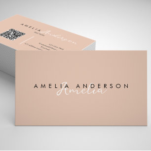 Carte De Visite Élégant Boho Beige Script code QR simple