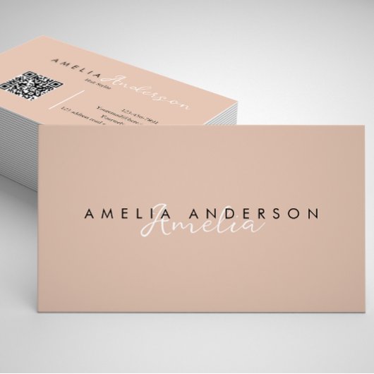 Carte De Visite Élégant Boho Beige Script code QR simple