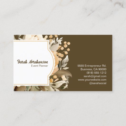 Carte De Visite Elégant Boho Bohemian Gold Champagne Brown Floral (Dos)