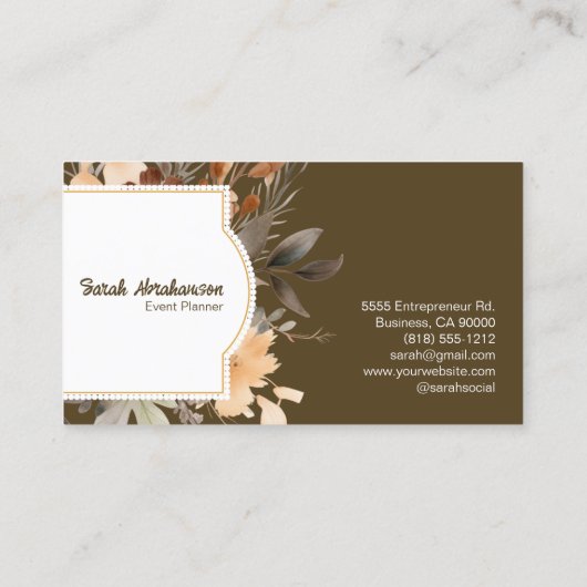 Carte De Visite Elégant Boho Bohemian Gold Champagne Brown Floral (Dos)