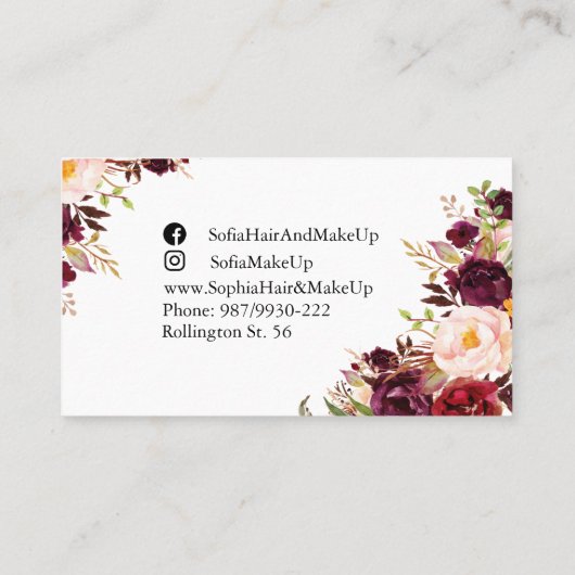 Carte De Visite Elégant Boho Floral Bourgogne Peony Blush (Dos)