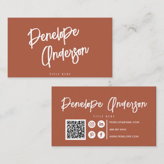 Carte De Visite Elégant Boho Terracotta Burnt Orange QR Code Chic (Devant / Derrière)