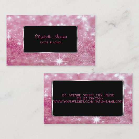 Carte De Visite Elégant Bokeh de Glitterie Moderne, Cadre Noir (Devant / Derrière)