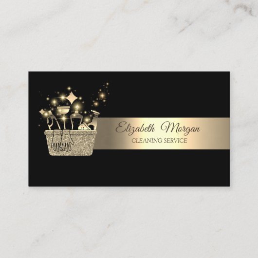 Carte De Visite Elegant Bokeh Gold Glitter Cleaning Tools Black (Devant)