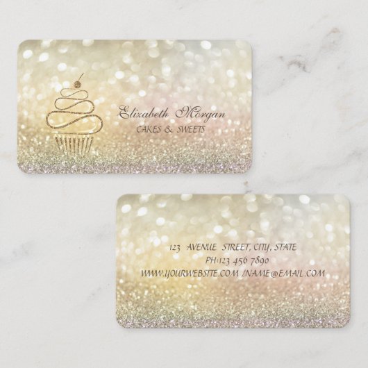 Carte De Visite Elégant Bokeh Gold Parties scintillant Cupcakes (Devant / Derrière)